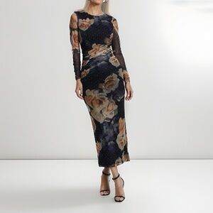 Quiz Gothic Dark Floral Midi Dress NEW Size 10 Ruched Sheer Sparkle Brown Black